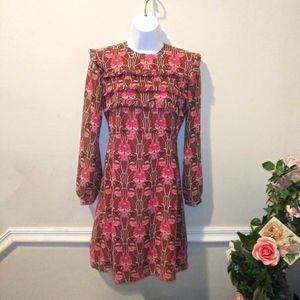 Topshop Art Deco Rose Floral Brown & Pink Ruffled Bodice Chiffon Dress